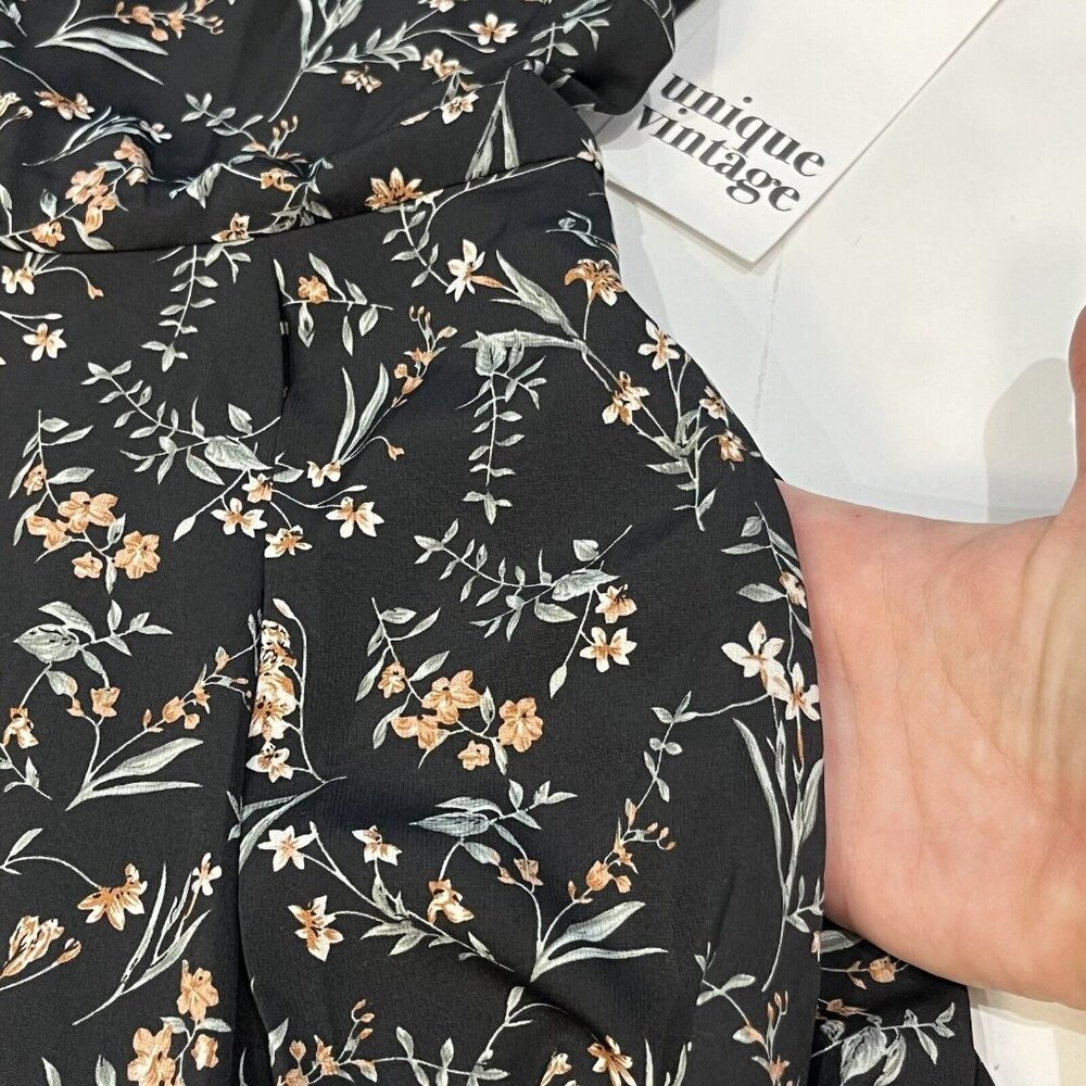 Unique Vintage Black Floral Open Front Tie Fit And Flare Dress Women Size XS/2 - Picture 8 of 14